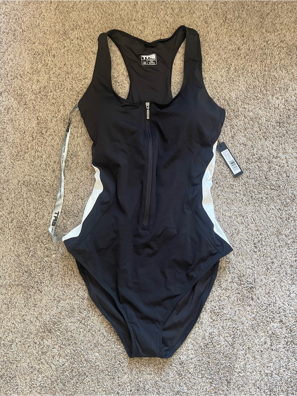 TA3 Scoopy Seamed Zip One Piece Swimsuit Black White Contour 3X X-Long NWT